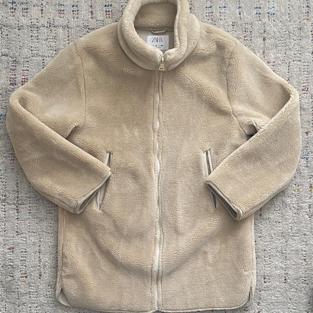Zara Kids Oatmeal Cream faux fur Fleece zip up Jacket winter coat size 10